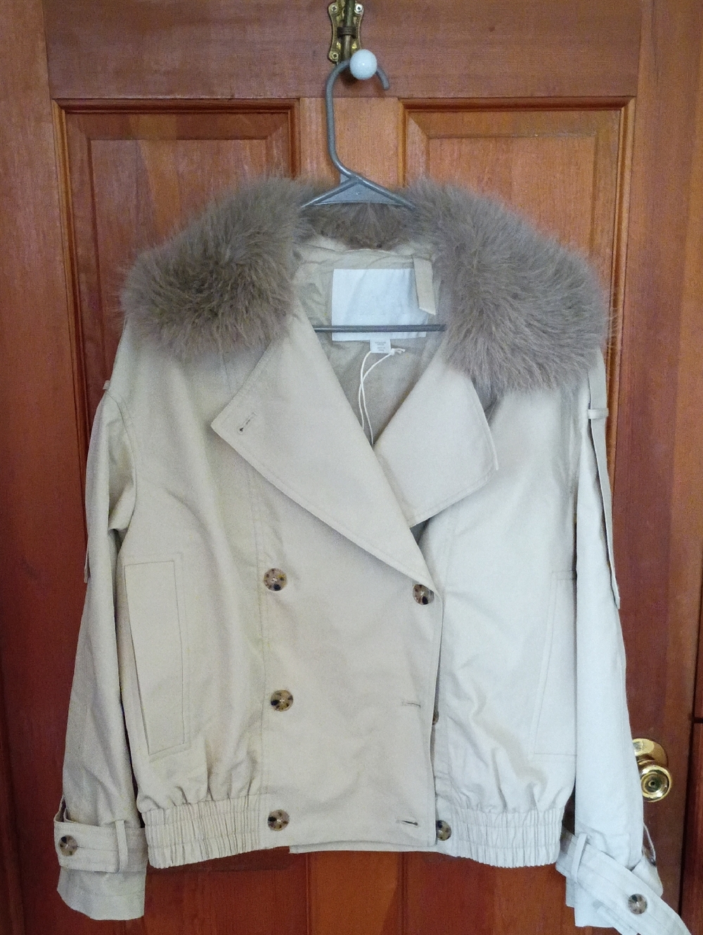 Zara Women's Cream Double-Breasted Coat with Faux Fur Collar